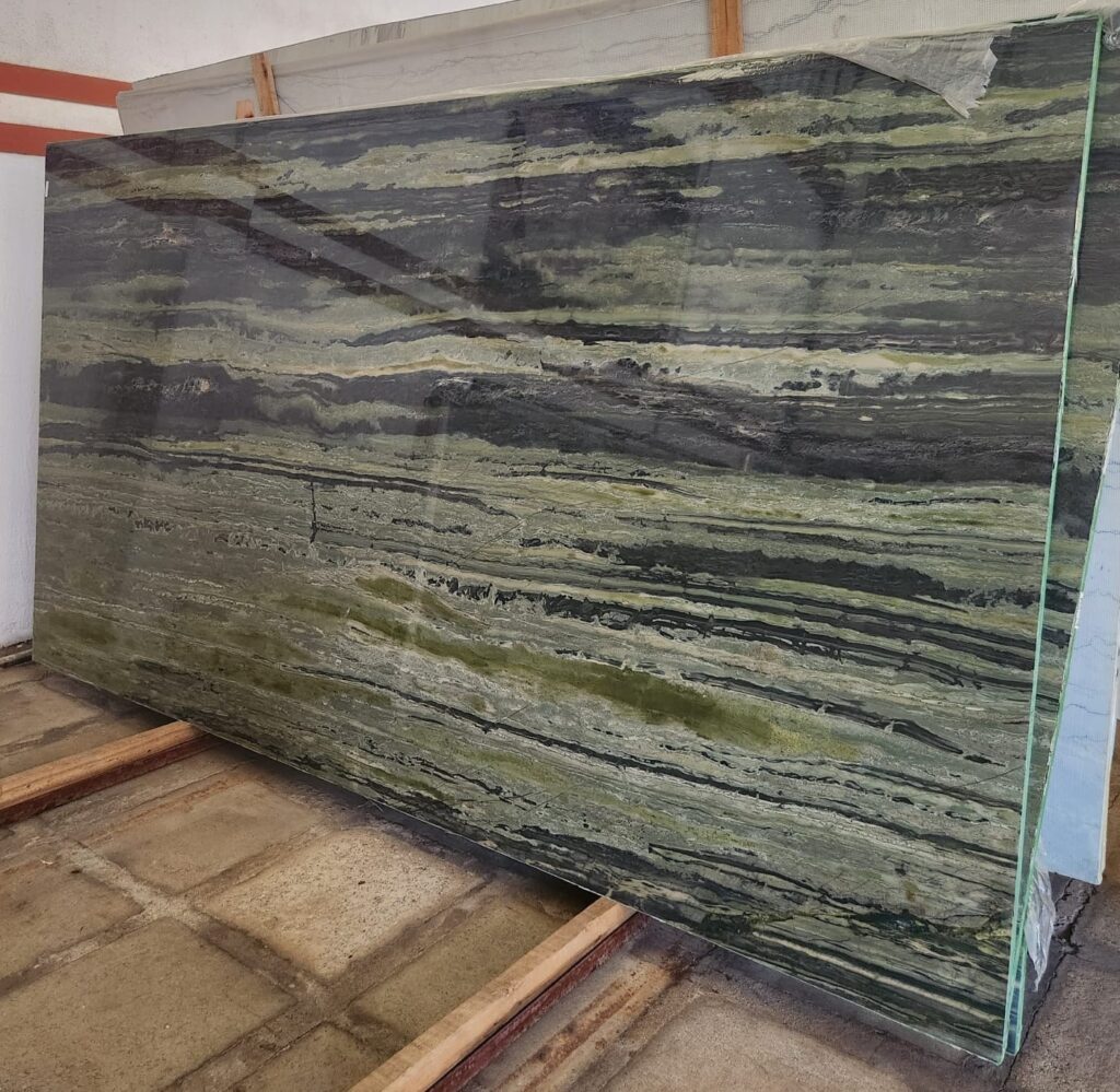 Slab of polished Verde Bamboo Quartzite from Brazil