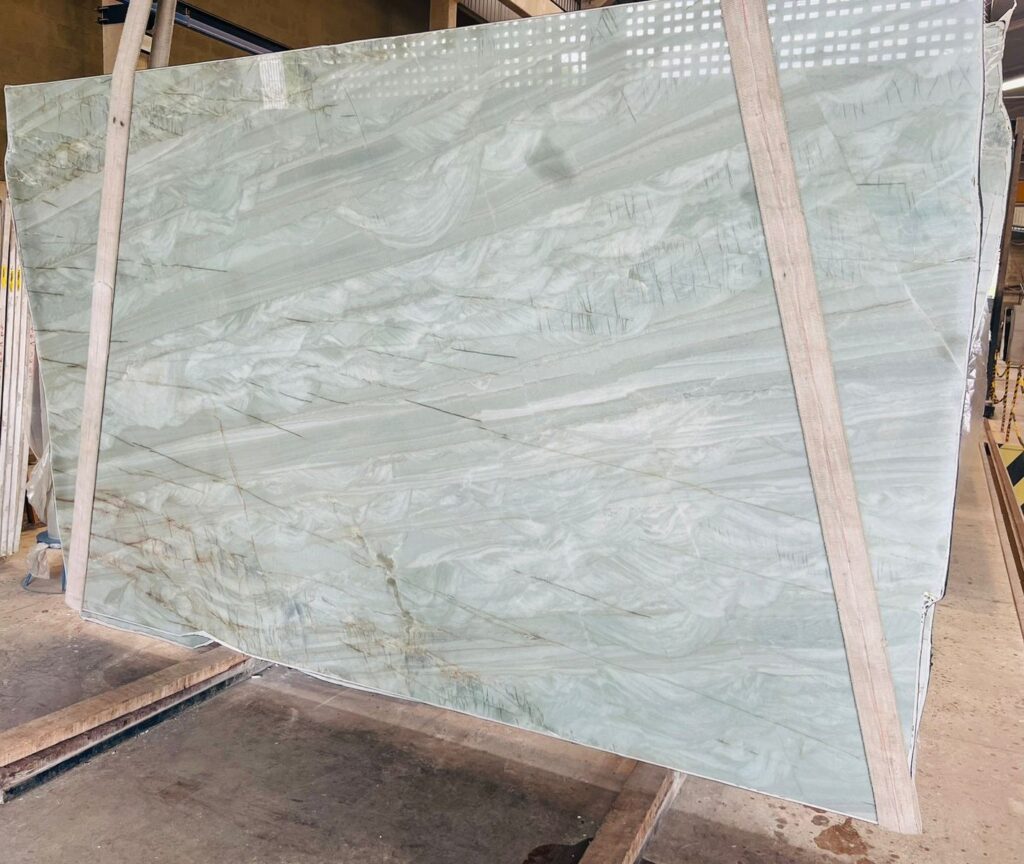 Slab of light green polished Emerald Green Quartzite from Brazil